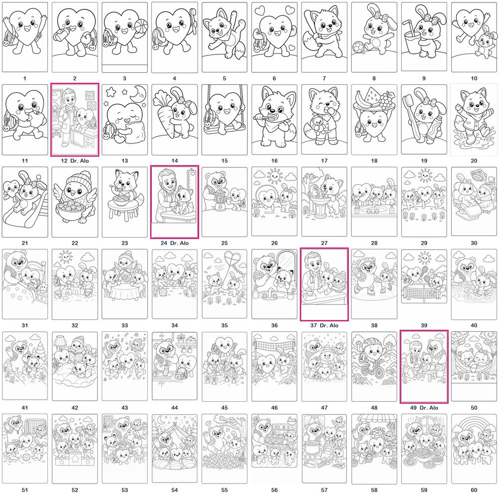 Thumbnails of all 60 pages of the coloring book, from simple to detailed