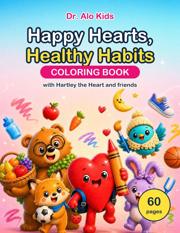 Cover of the Happy Hearts, Healthy Habits coloring book with Hartley the Heart and friends