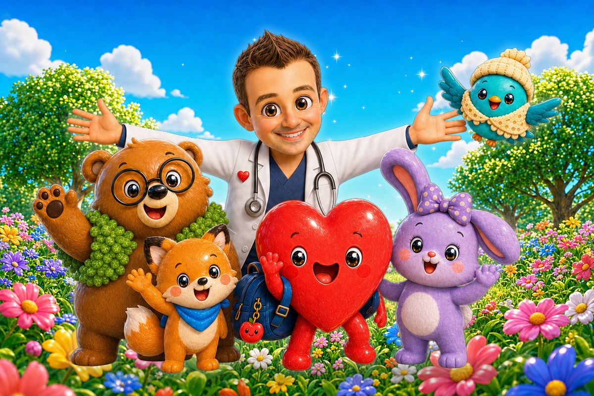 Cartoon Dr. Alo with his arms open wide behind Hartley the Heart, with Moss the bear, Pip the fox, Dot the bunny and Nana Wren in a sunny meadow full of flowers